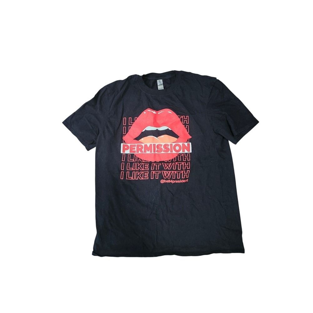 Permission I like it Graphic Tee Black Red lips lipstick Shirt Medium